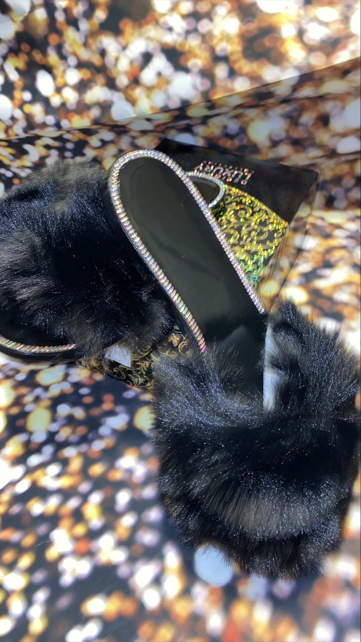 Black fur and bling sandals