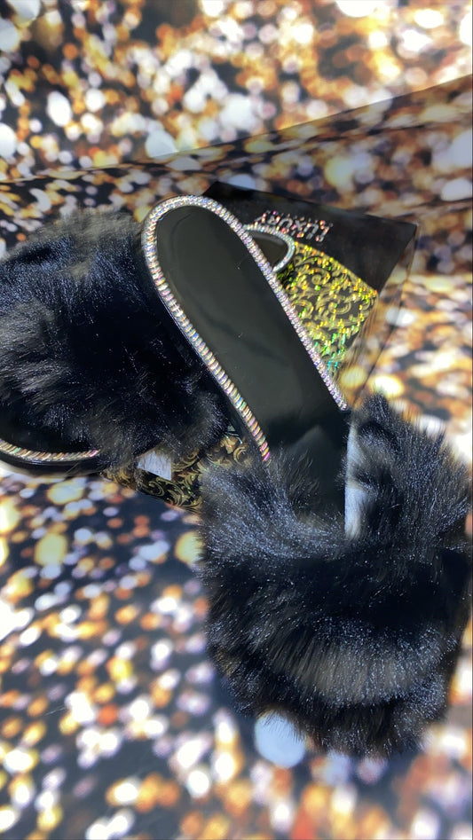 Black fur and bling sandals