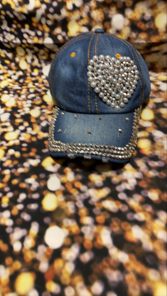 Blue Jean Cap with Pearls & Studs heart shape