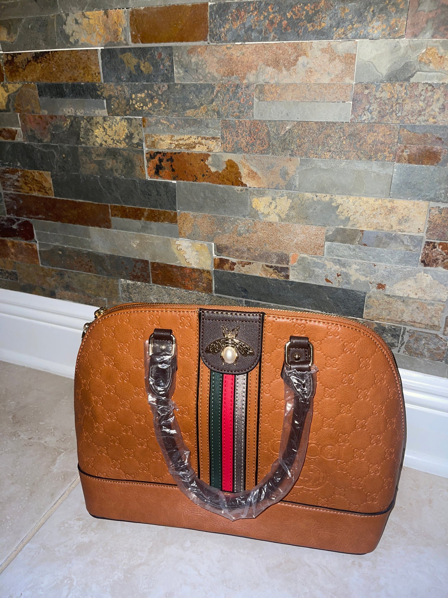 Brown GG Bee Leather Handbag with Wallet